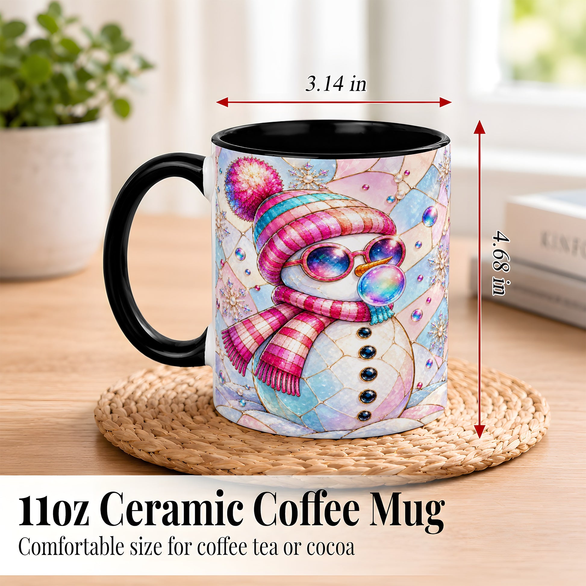#pl[11oz|Black] Colorful Snowman Coffee Mug, Pastel Winter Mug, Ceramic Cup