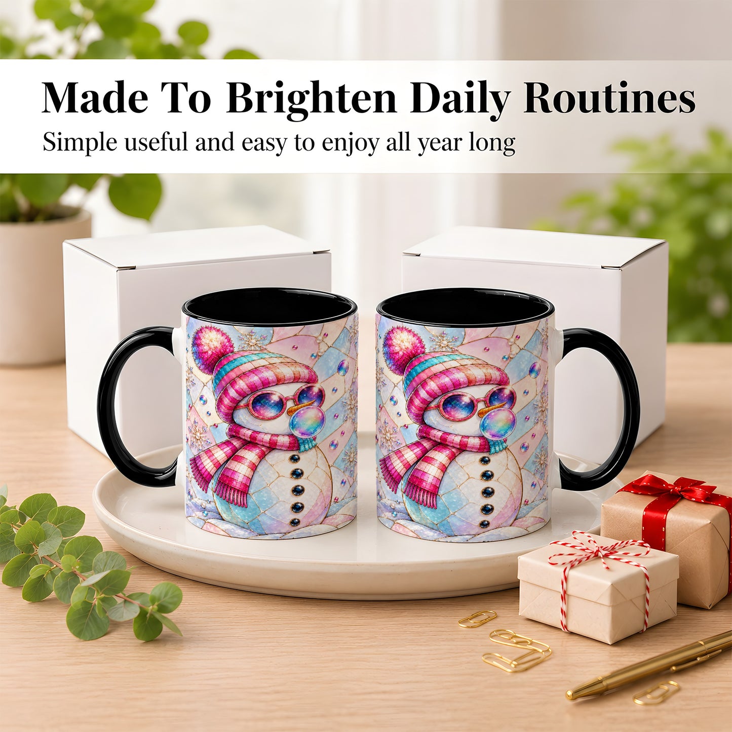 #pl[11oz|Black] Colorful Snowman Coffee Mug, Pastel Winter Mug, Ceramic Cup
