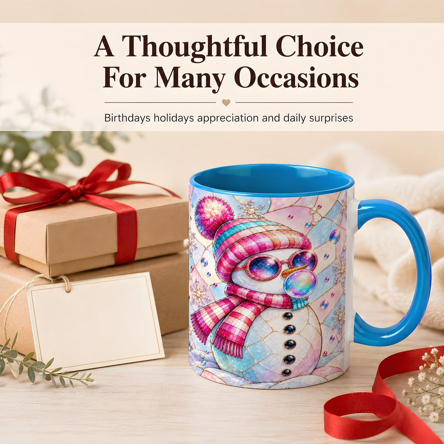 #pl[11oz|Blue] Colorful Snowman Coffee Mug, Pastel Winter Mug, Ceramic Cup