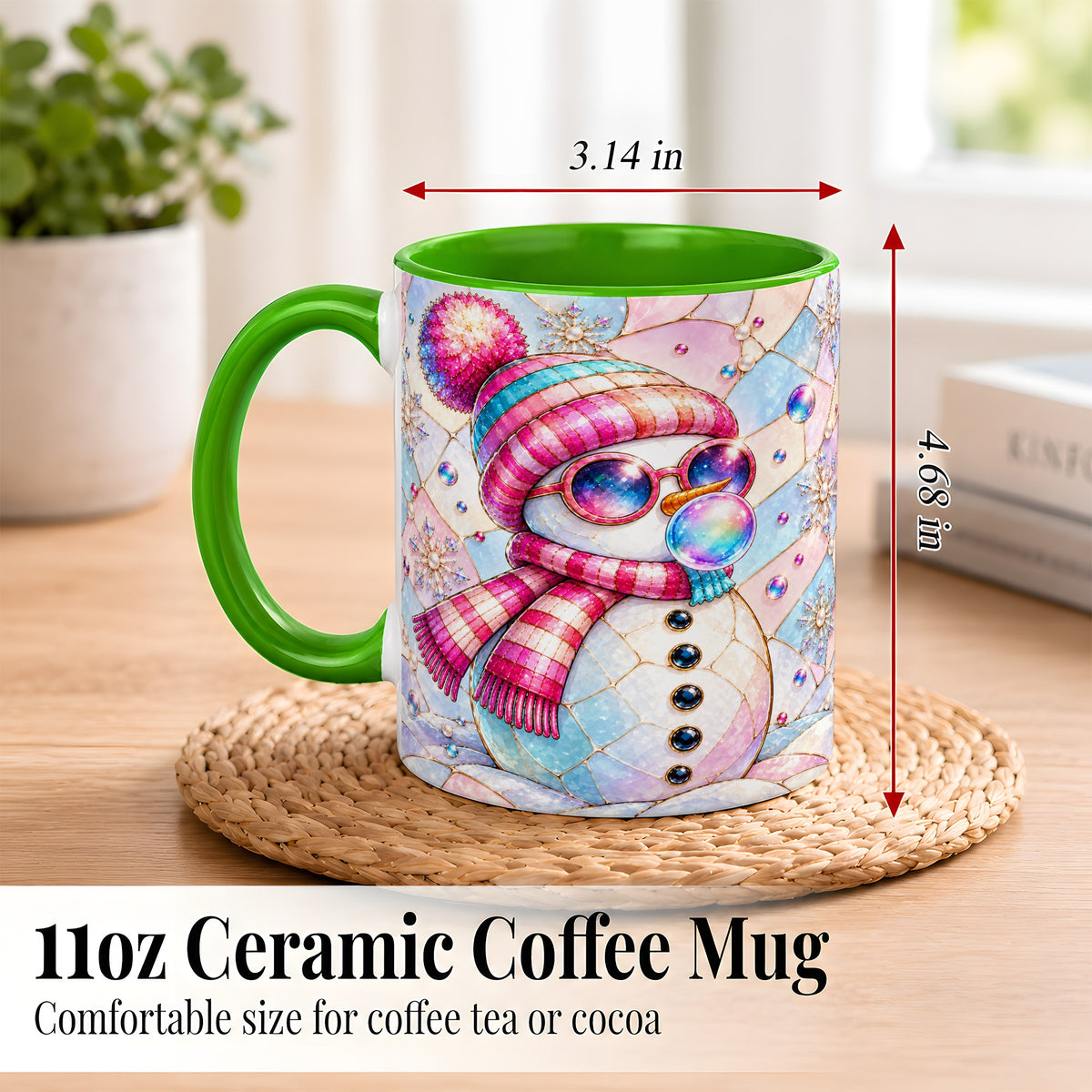 #pl[11oz|Green] Colorful Snowman Coffee Mug, Pastel Winter Mug, Ceramic Cup