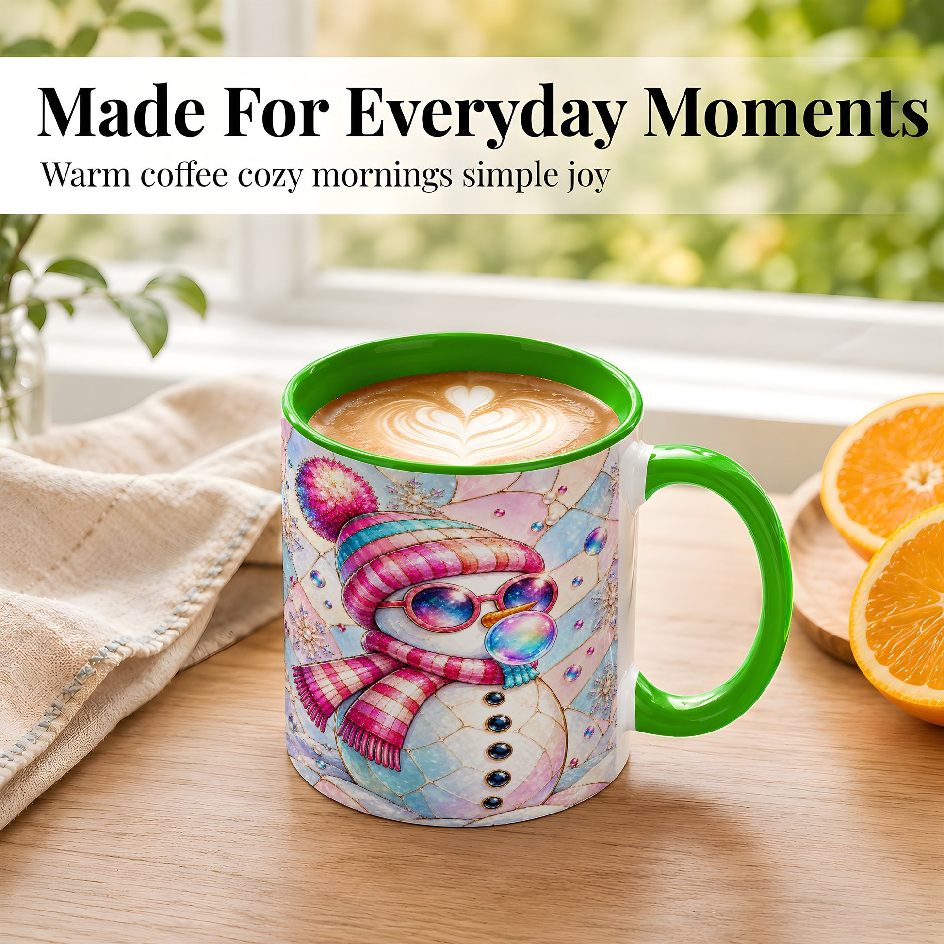 #pl[11oz|Green] Colorful Snowman Coffee Mug, Pastel Winter Mug, Ceramic Cup