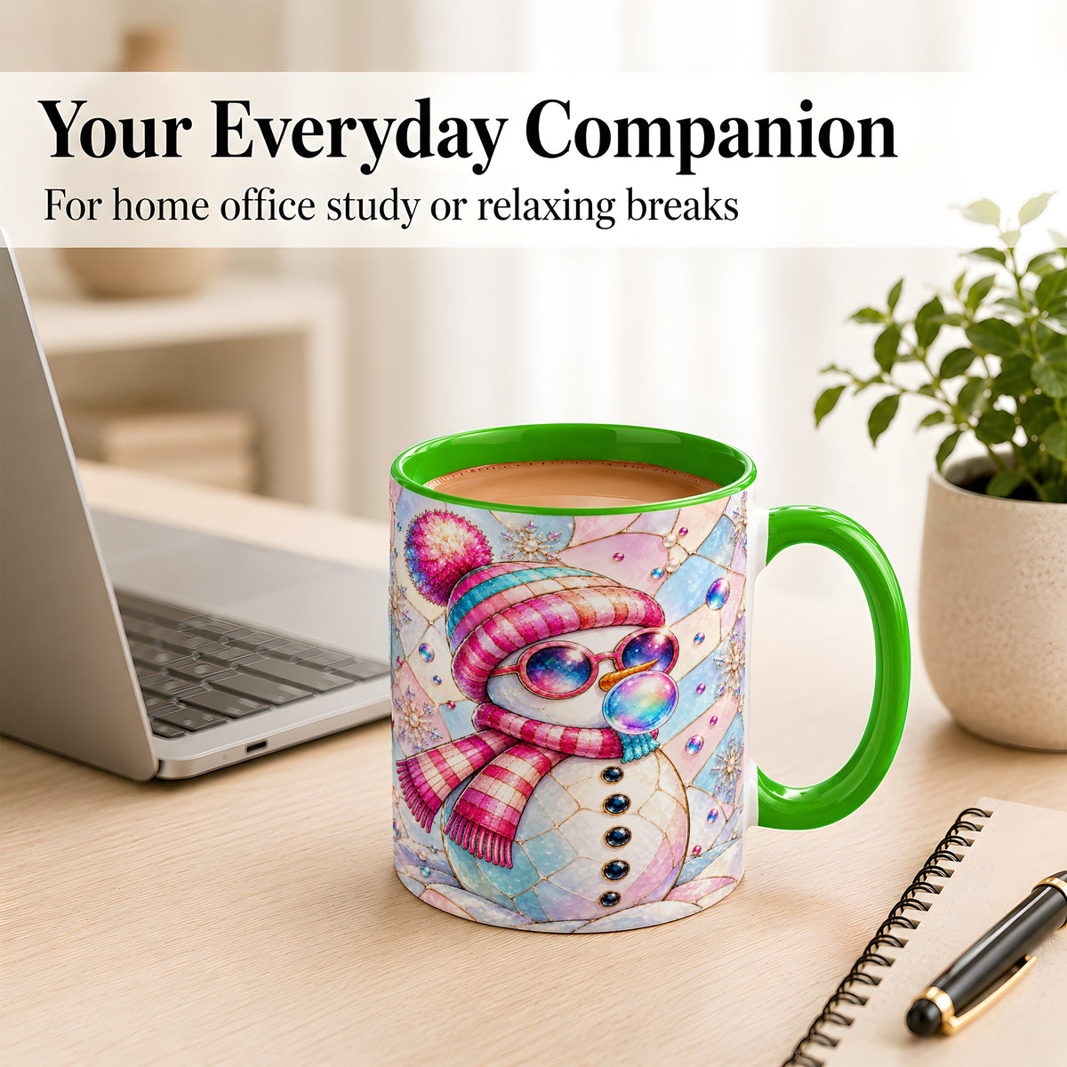 #pl[11oz|Green] Colorful Snowman Coffee Mug, Pastel Winter Mug, Ceramic Cup