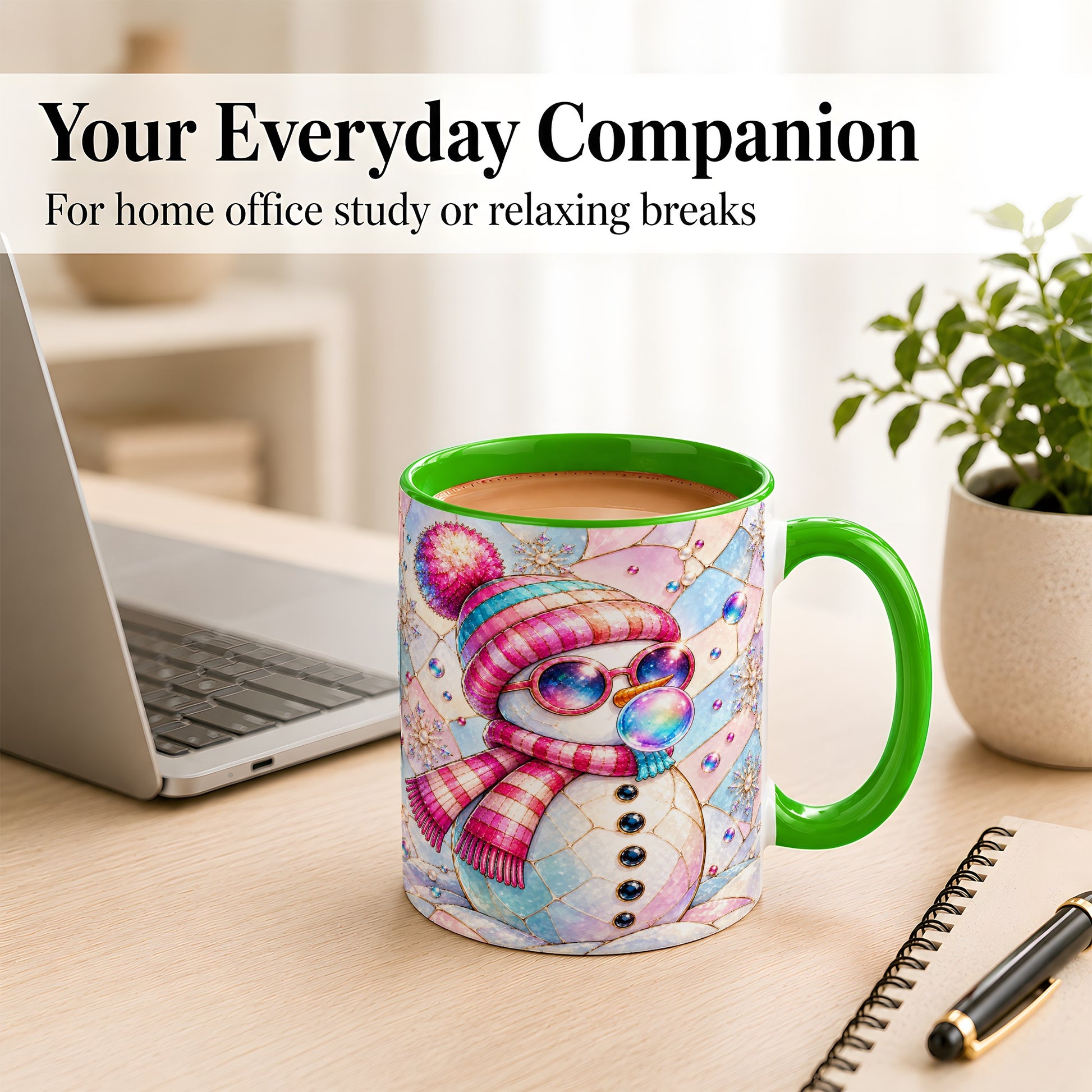 #pl[11oz|Green] Colorful Snowman Coffee Mug, Pastel Winter Mug, Ceramic Cup
