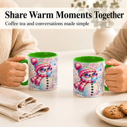 #pl[11oz|Green] Colorful Snowman Coffee Mug, Pastel Winter Mug, Ceramic Cup