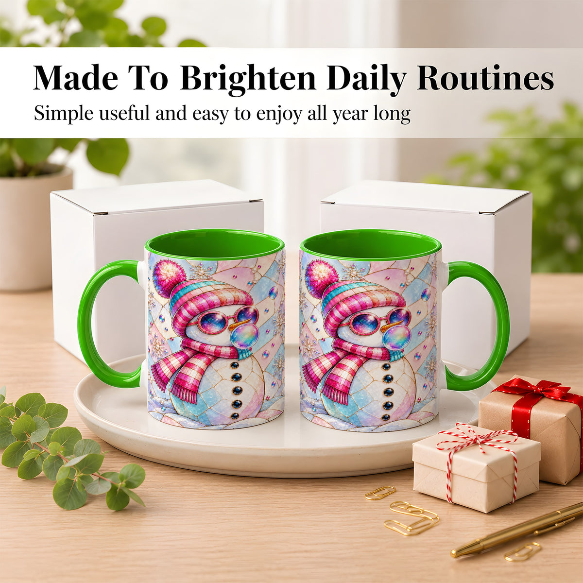 #pl[11oz|Green] Colorful Snowman Coffee Mug, Pastel Winter Mug, Ceramic Cup