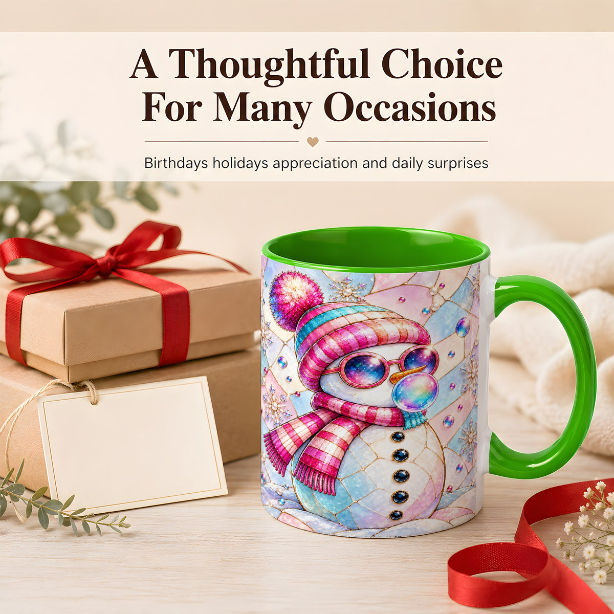 #pl[11oz|Green] Colorful Snowman Coffee Mug, Pastel Winter Mug, Ceramic Cup