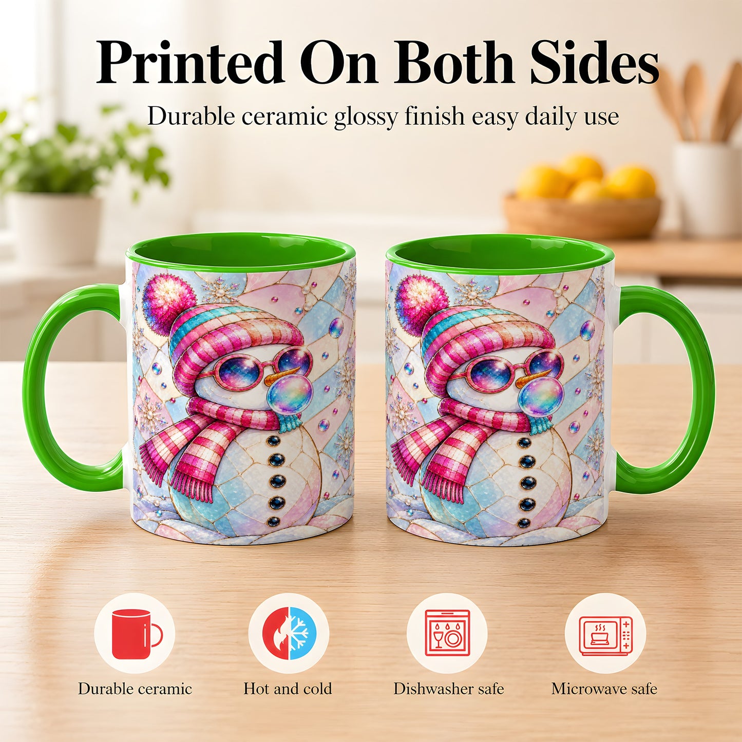 #pl[11oz|Green] Colorful Snowman Coffee Mug, Pastel Winter Mug, Ceramic Cup