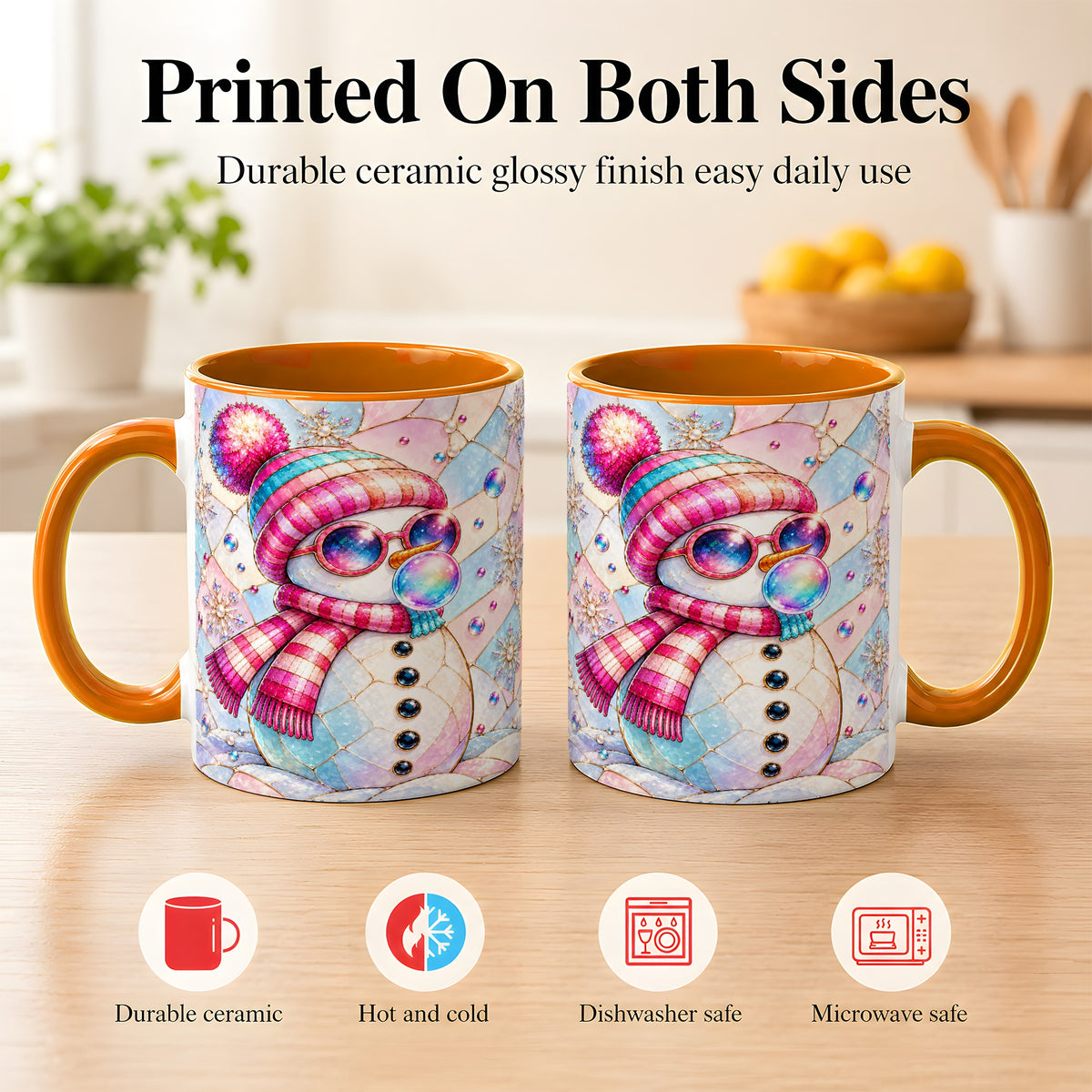 #pl[11oz|Orange] Colorful Snowman Coffee Mug, Pastel Winter Mug, Ceramic Cup