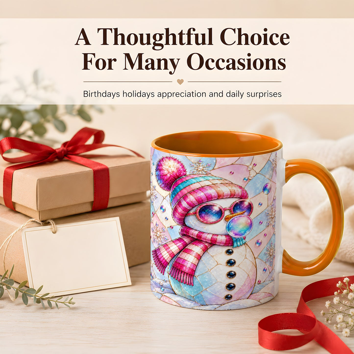 #pl[11oz|Orange] Colorful Snowman Coffee Mug, Pastel Winter Mug, Ceramic Cup