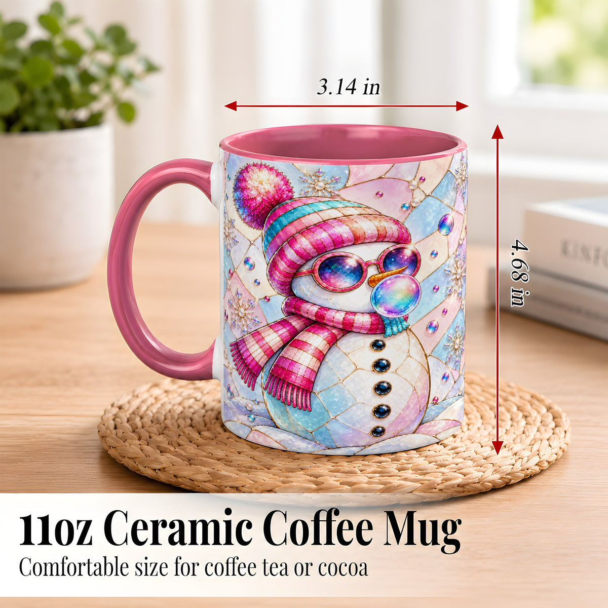 #pl[11oz|Pink] Colorful Snowman Coffee Mug, Pastel Winter Mug, Ceramic Cup