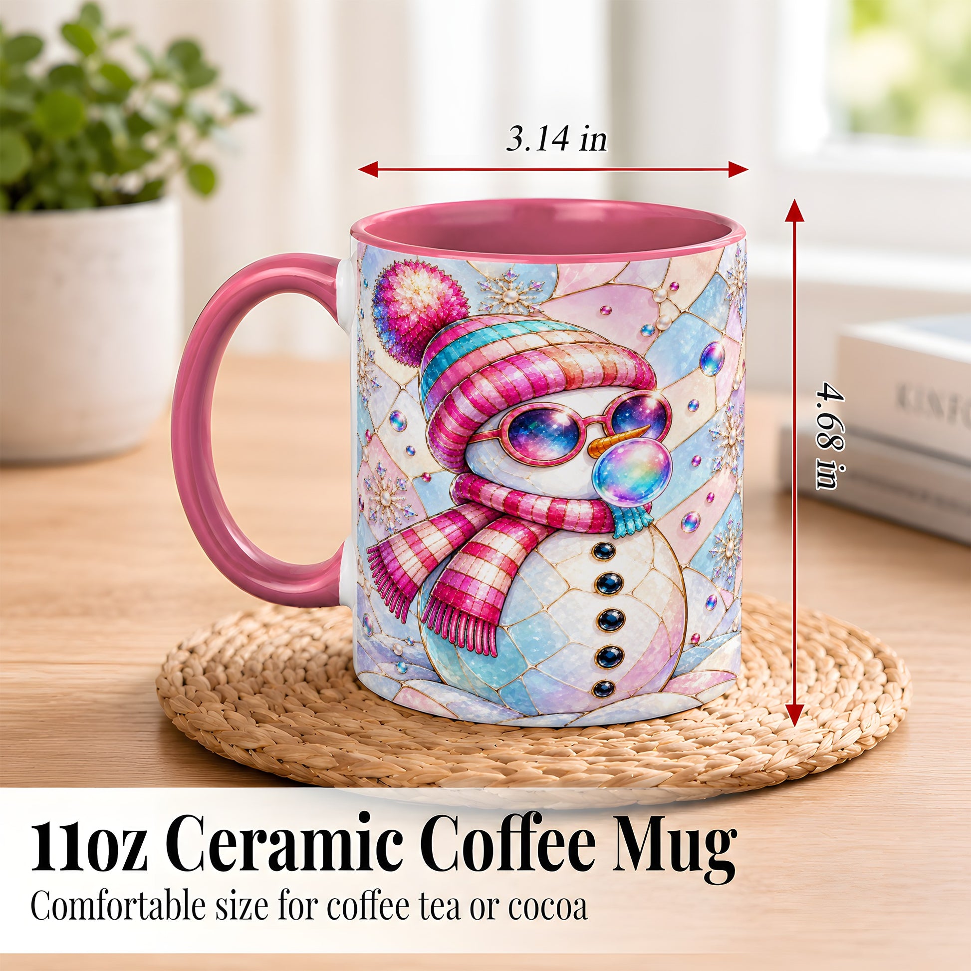 #pl[11oz|Pink] Colorful Snowman Coffee Mug, Pastel Winter Mug, Ceramic Cup