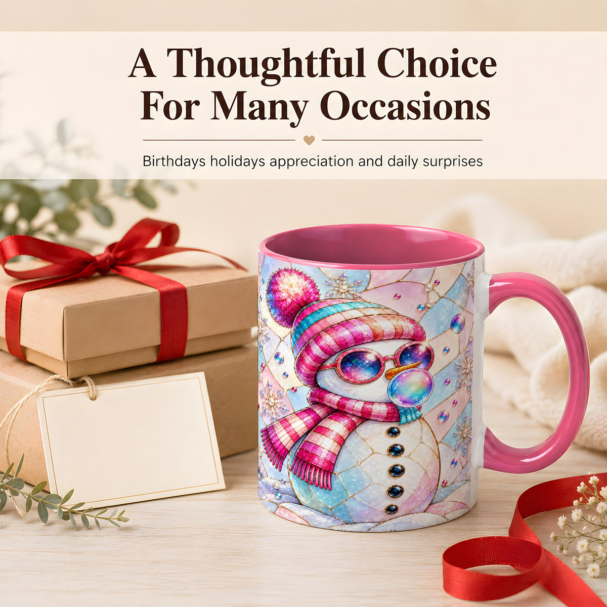 #pl[11oz|Pink] Colorful Snowman Coffee Mug, Pastel Winter Mug, Ceramic Cup