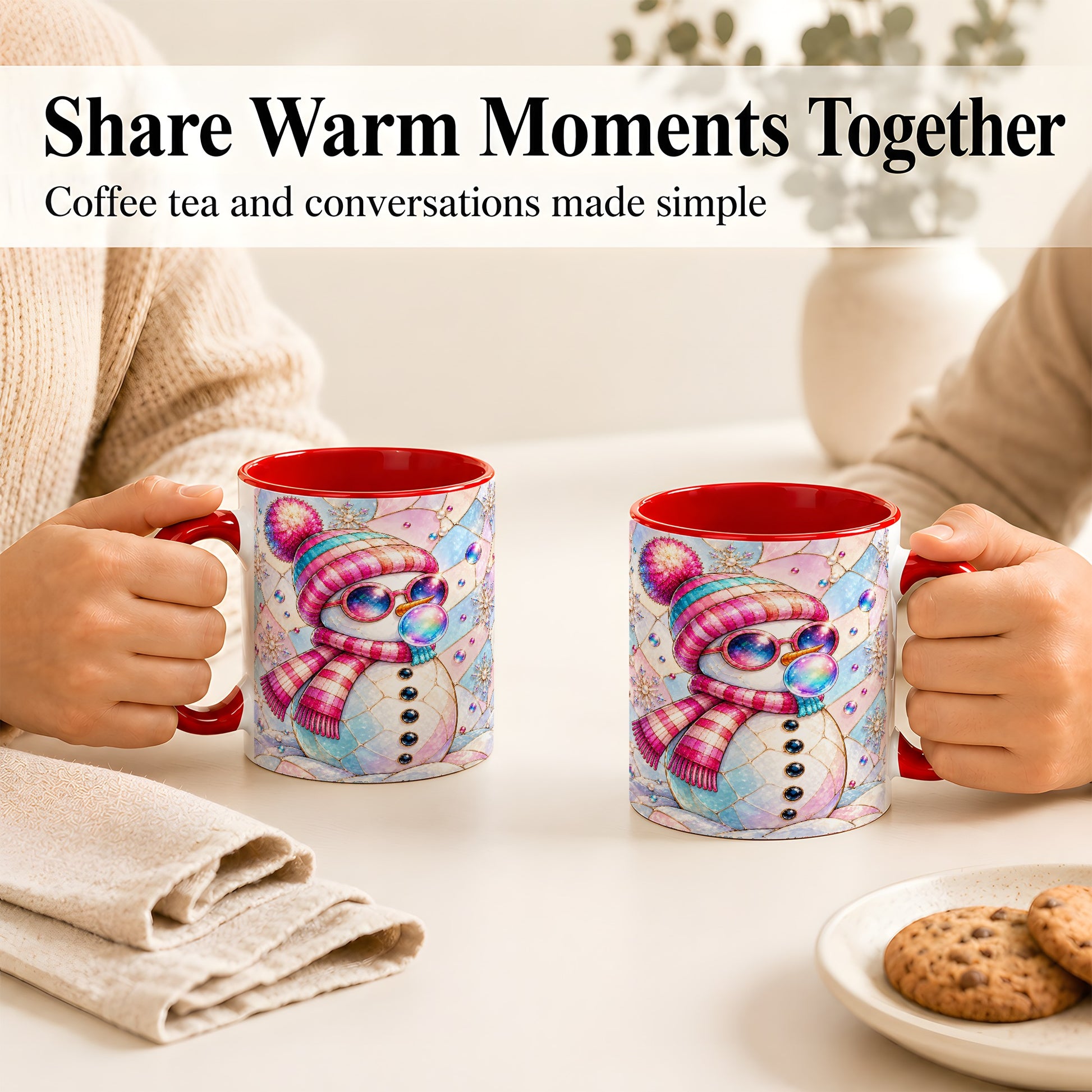 #pl[11oz|Red] Colorful Snowman Coffee Mug, Pastel Winter Mug, Ceramic Cup