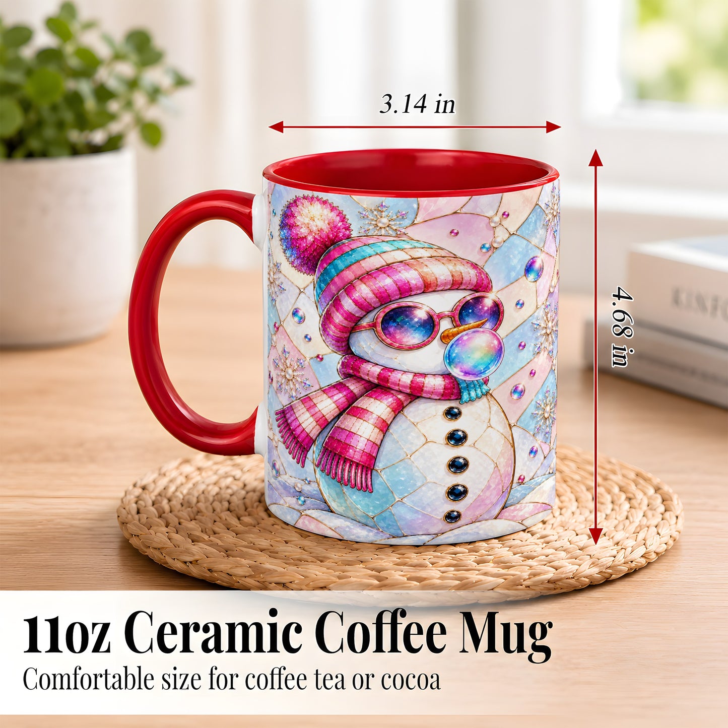 #pl[11oz|Red] Colorful Snowman Coffee Mug, Pastel Winter Mug, Ceramic Cup