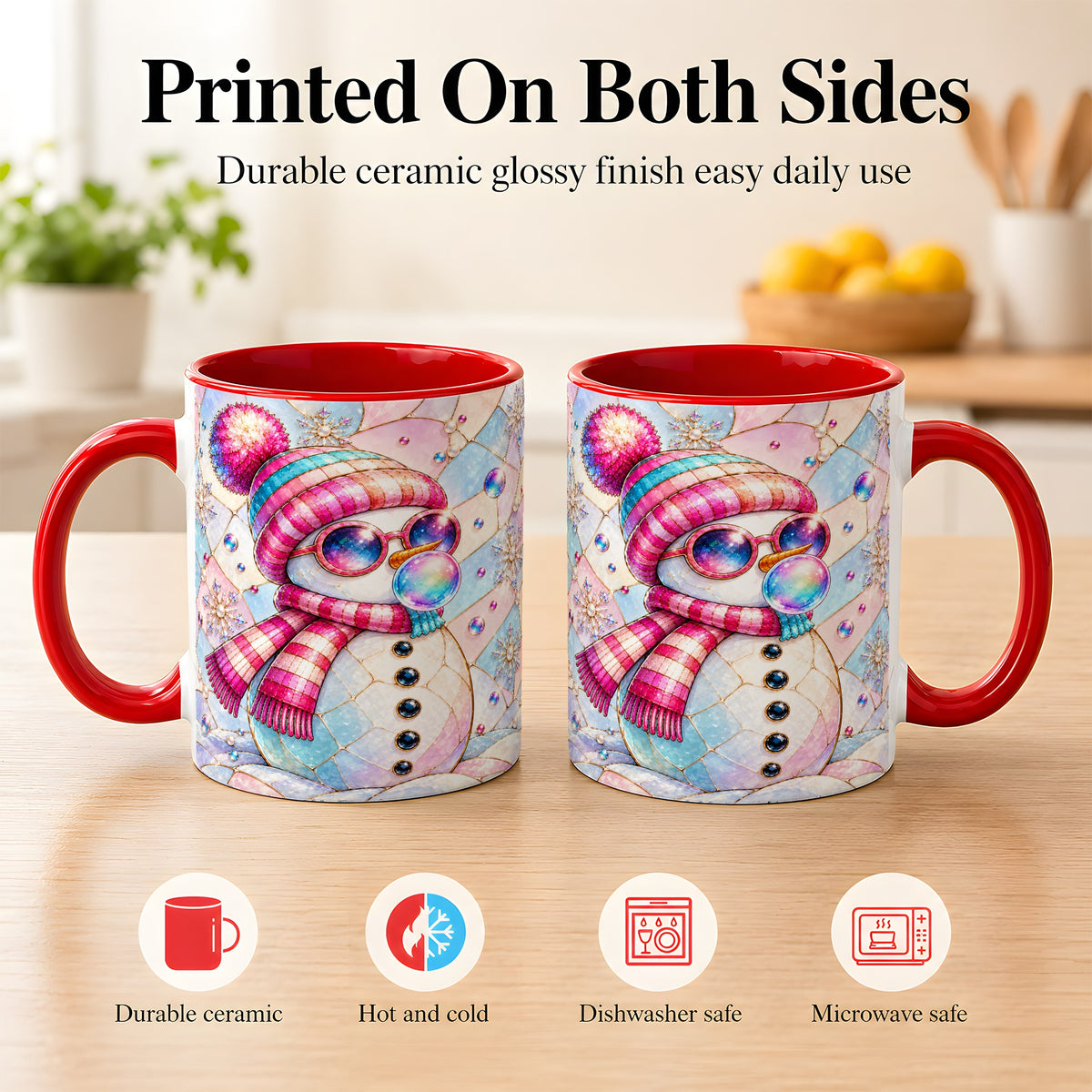 #pl[11oz|Red] Colorful Snowman Coffee Mug, Pastel Winter Mug, Ceramic Cup