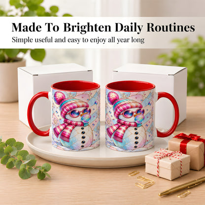 #pl[11oz|Red] Colorful Snowman Coffee Mug, Pastel Winter Mug, Ceramic Cup
