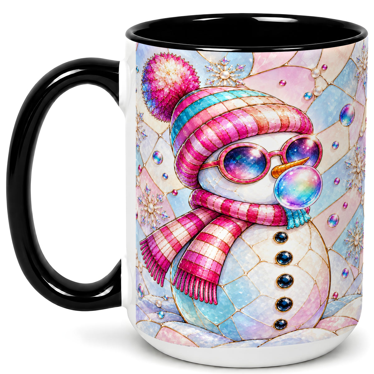 #pl[15oz|Black] Colorful Snowman Coffee Mug, Pastel Winter Mug, Ceramic Cup