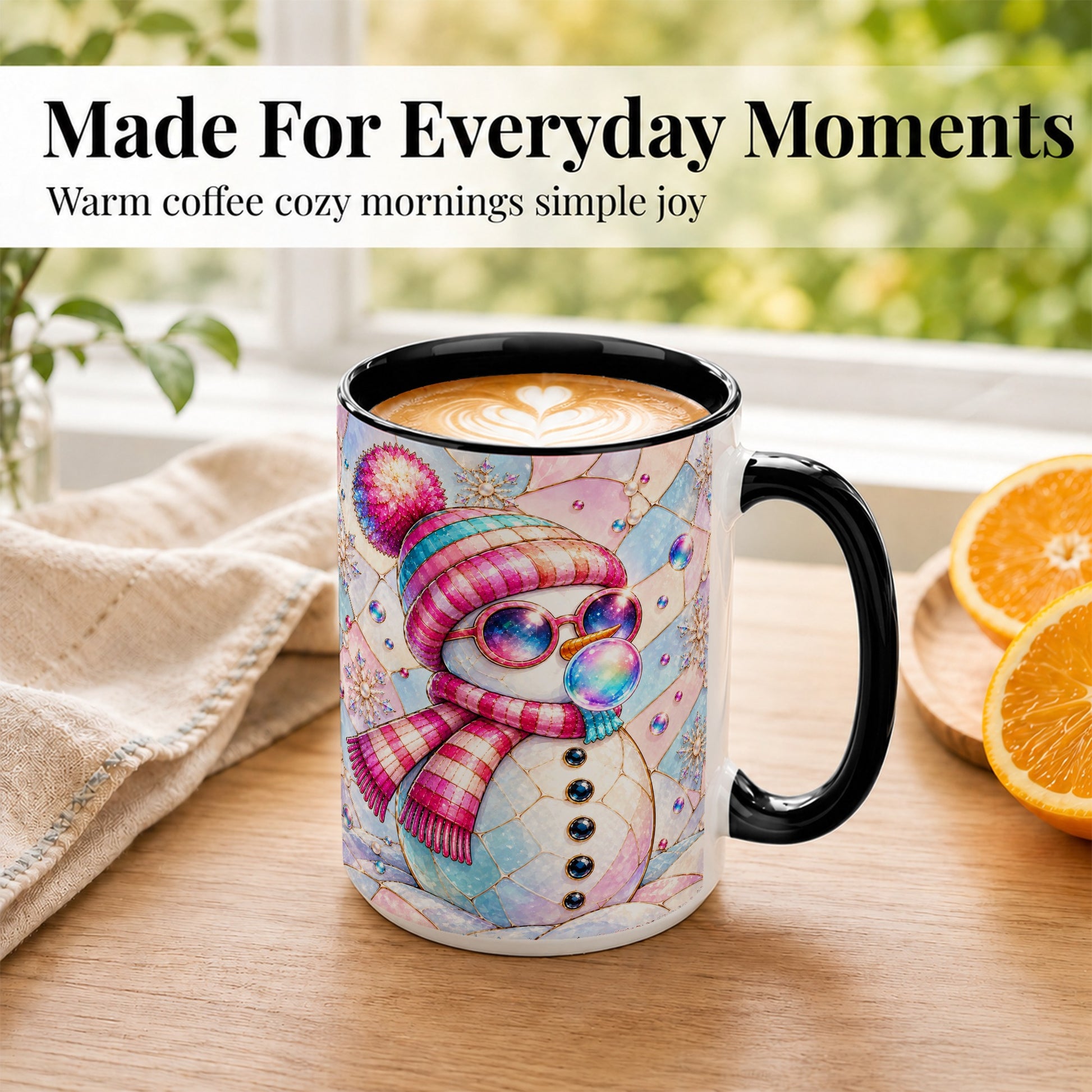 #pl[15oz|Black] Colorful Snowman Coffee Mug, Pastel Winter Mug, Ceramic Cup