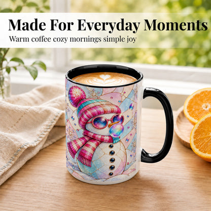 #pl[15oz|Black] Colorful Snowman Coffee Mug, Pastel Winter Mug, Ceramic Cup
