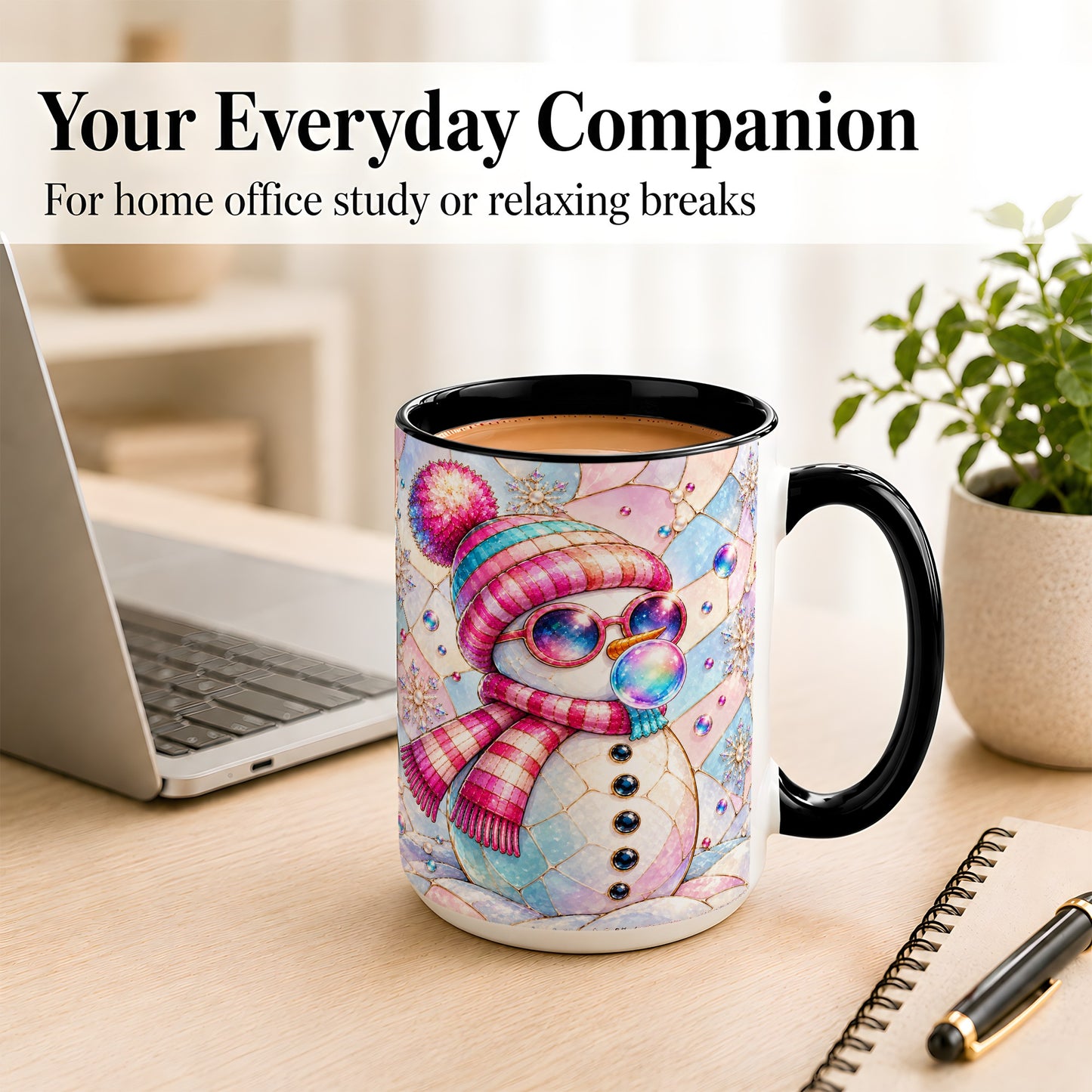 #pl[15oz|Black] Colorful Snowman Coffee Mug, Pastel Winter Mug, Ceramic Cup