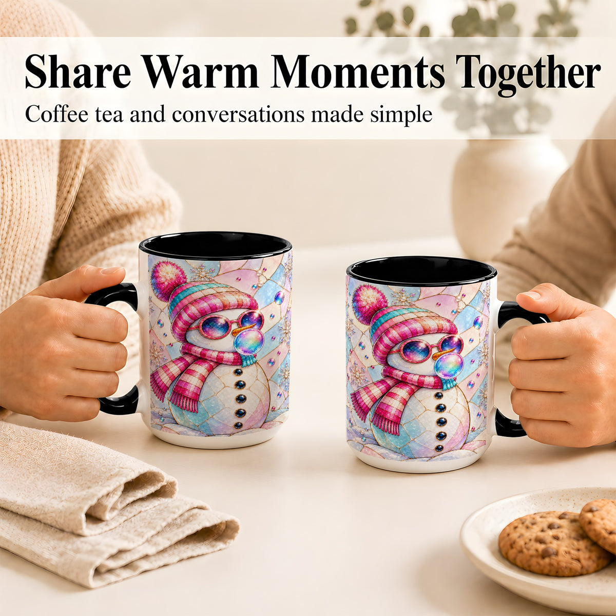 #pl[15oz|Black] Colorful Snowman Coffee Mug, Pastel Winter Mug, Ceramic Cup