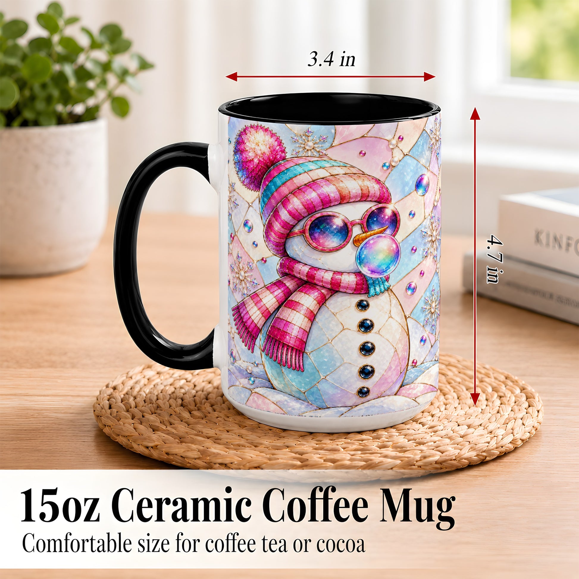 #pl[15oz|Black] Colorful Snowman Coffee Mug, Pastel Winter Mug, Ceramic Cup