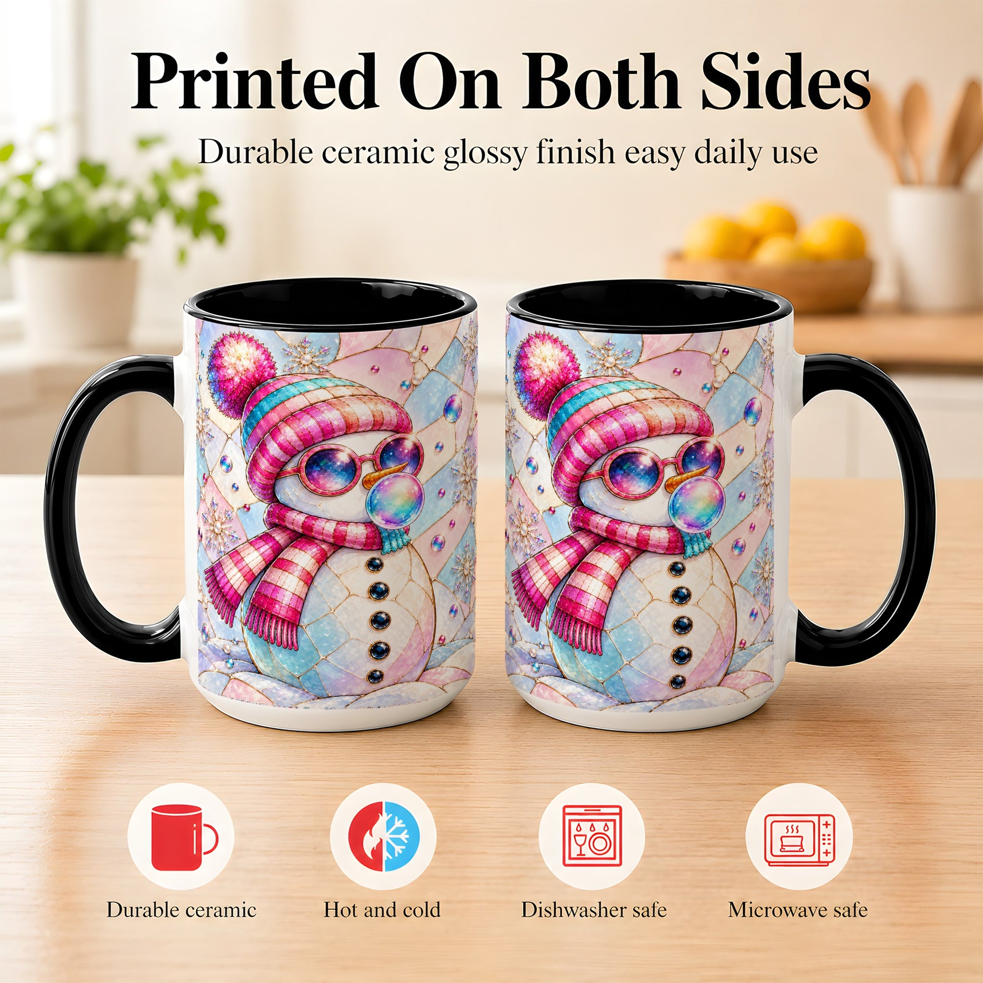 #pl[15oz|Black] Colorful Snowman Coffee Mug, Pastel Winter Mug, Ceramic Cup