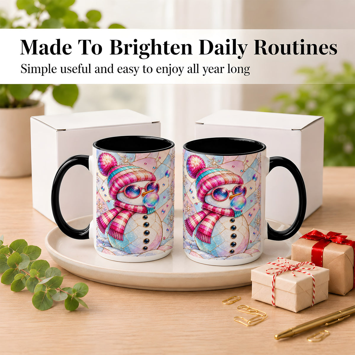 #pl[15oz|Black] Colorful Snowman Coffee Mug, Pastel Winter Mug, Ceramic Cup