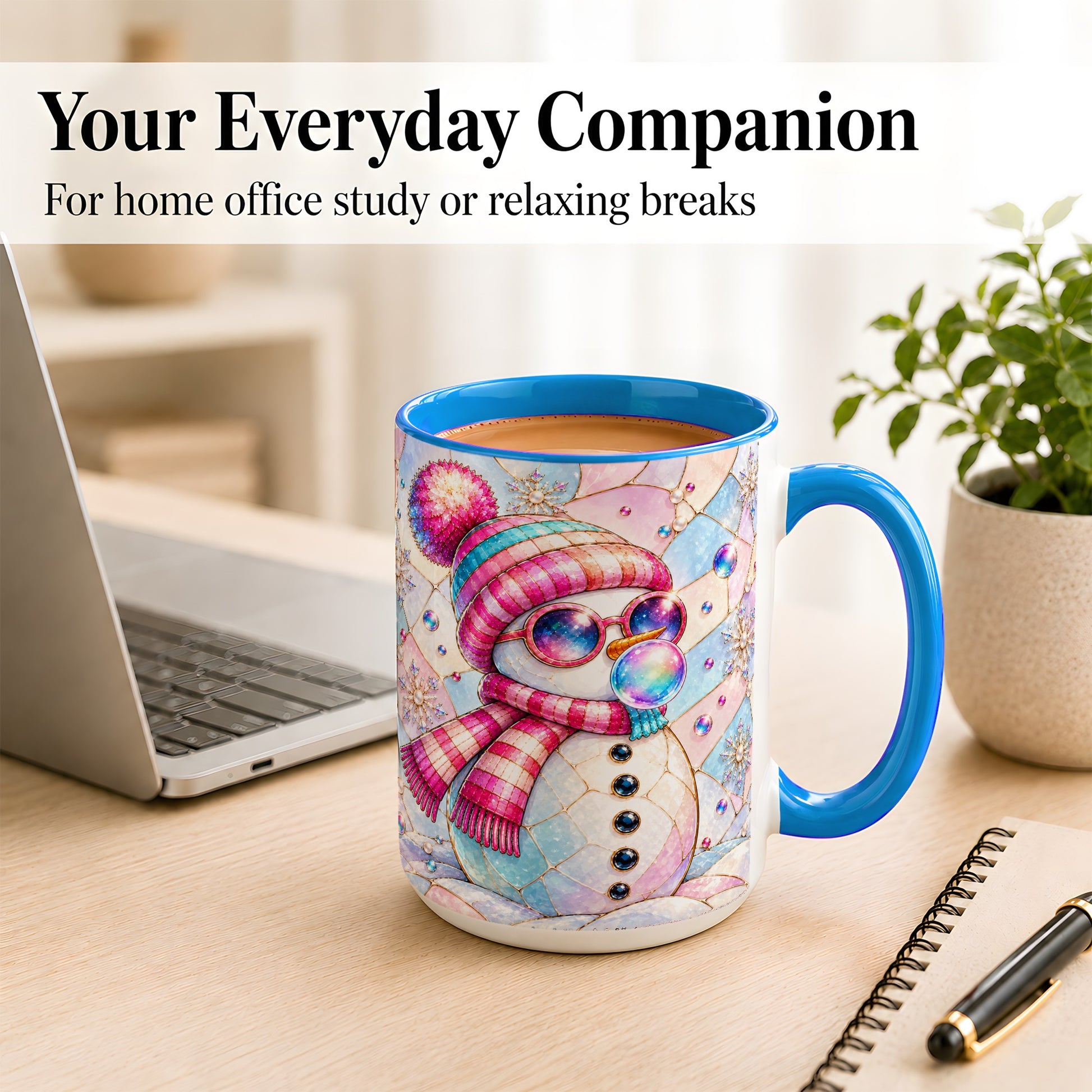 #pl[15oz|Blue] Colorful Snowman Coffee Mug, Pastel Winter Mug, Ceramic Cup