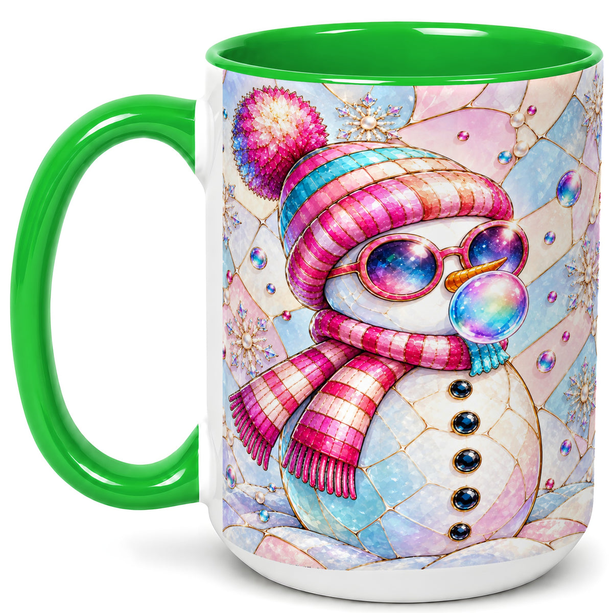#pl[15oz|Green] Colorful Snowman Coffee Mug, Pastel Winter Mug, Ceramic Cup
