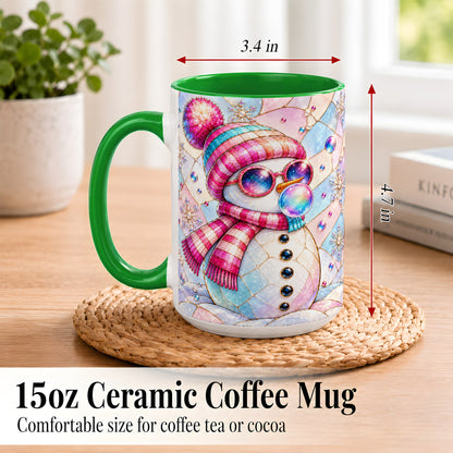 #pl[15oz|Green] Colorful Snowman Coffee Mug, Pastel Winter Mug, Ceramic Cup