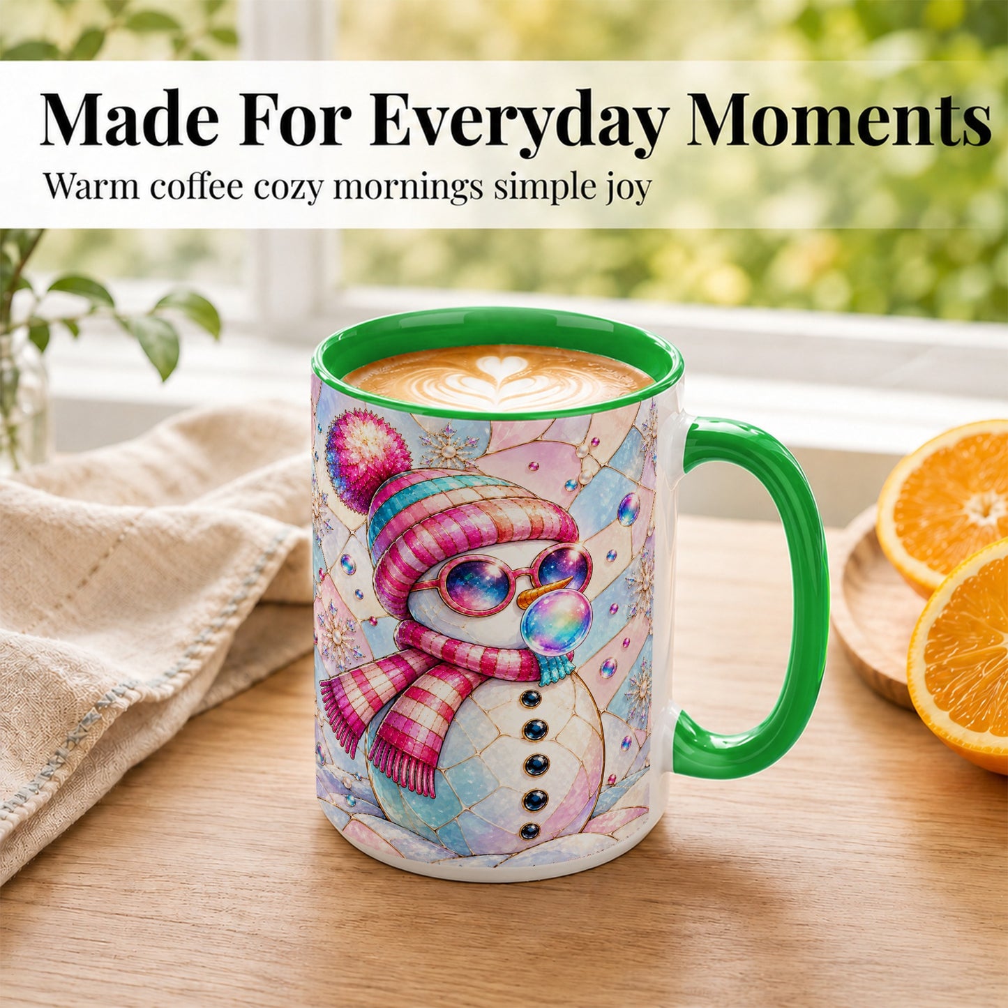 #pl[15oz|Green] Colorful Snowman Coffee Mug, Pastel Winter Mug, Ceramic Cup