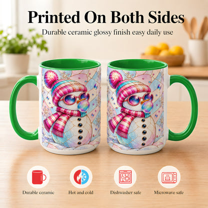 #pl[15oz|Green] Colorful Snowman Coffee Mug, Pastel Winter Mug, Ceramic Cup