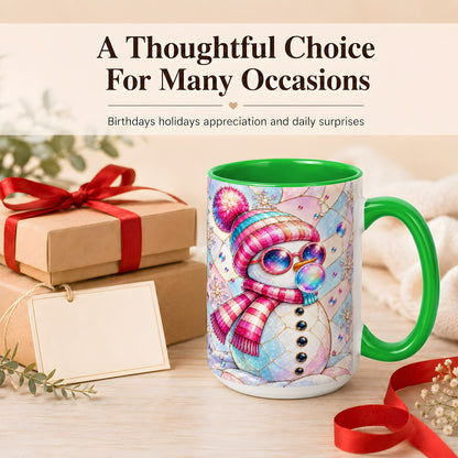 #pl[15oz|Green] Colorful Snowman Coffee Mug, Pastel Winter Mug, Ceramic Cup