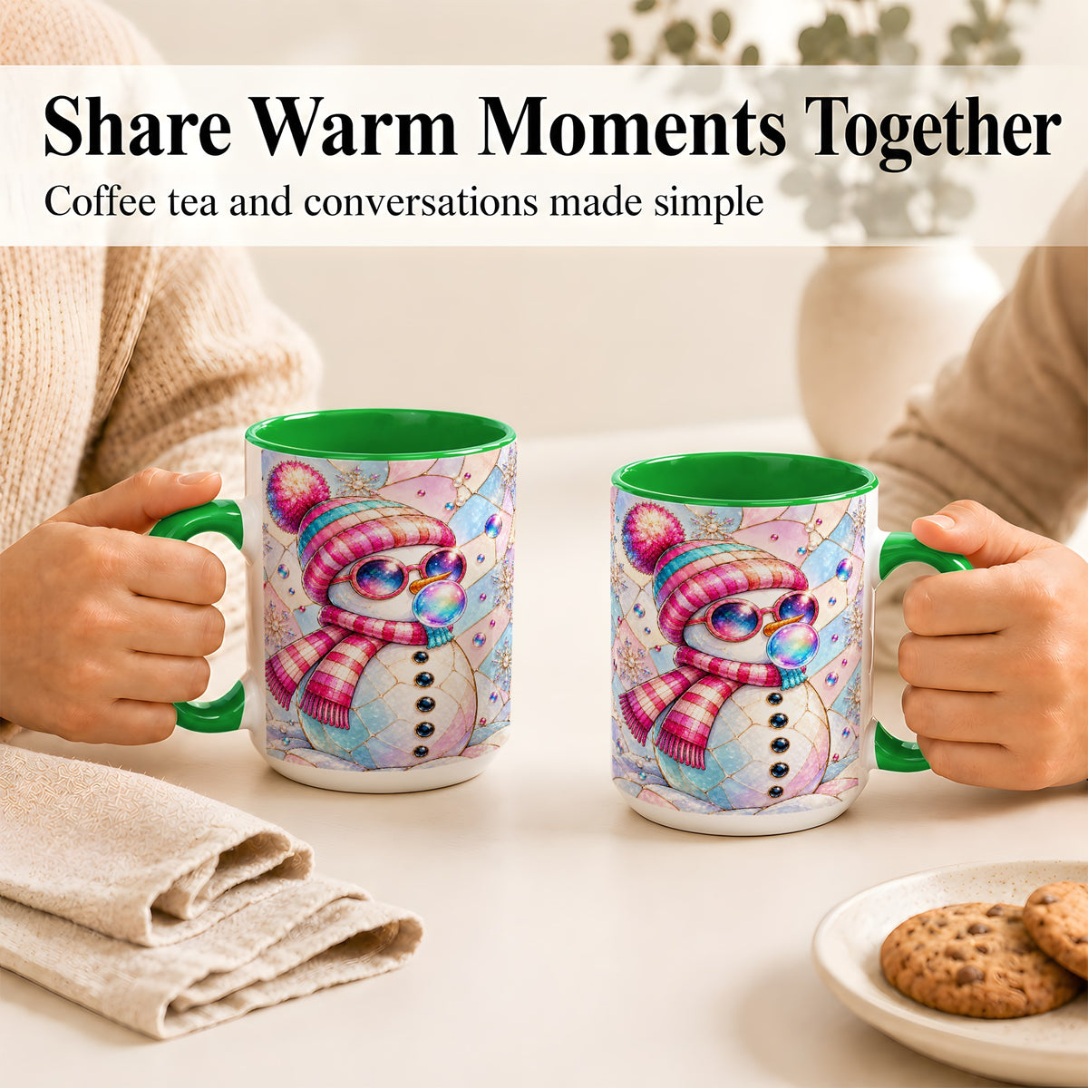 #pl[15oz|Green] Colorful Snowman Coffee Mug, Pastel Winter Mug, Ceramic Cup