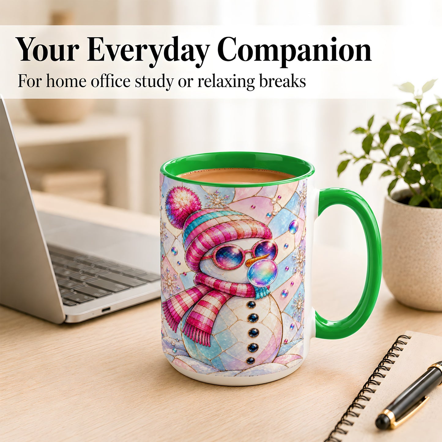 #pl[15oz|Green] Colorful Snowman Coffee Mug, Pastel Winter Mug, Ceramic Cup