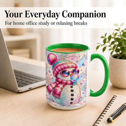 #pl[15oz|Green] Colorful Snowman Coffee Mug, Pastel Winter Mug, Ceramic Cup