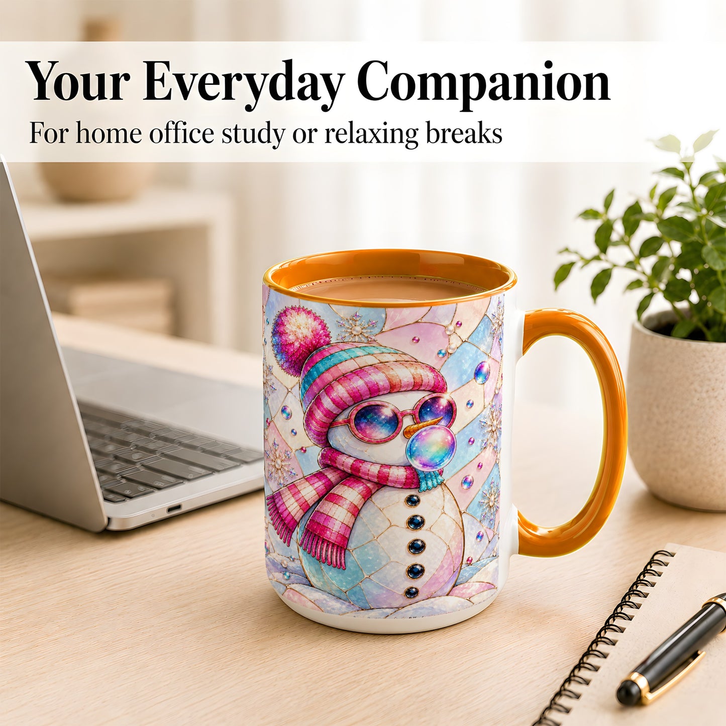#pl[15oz|Orange] Colorful Snowman Coffee Mug, Pastel Winter Mug, Ceramic Cup