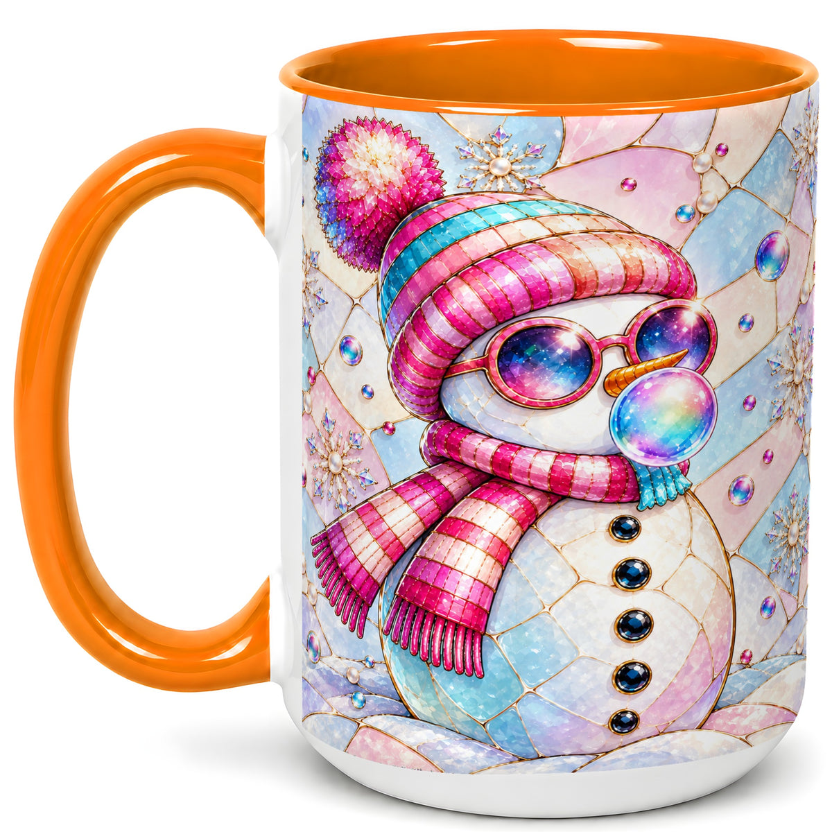 #pl[15oz|Orange] Colorful Snowman Coffee Mug, Pastel Winter Mug, Ceramic Cup