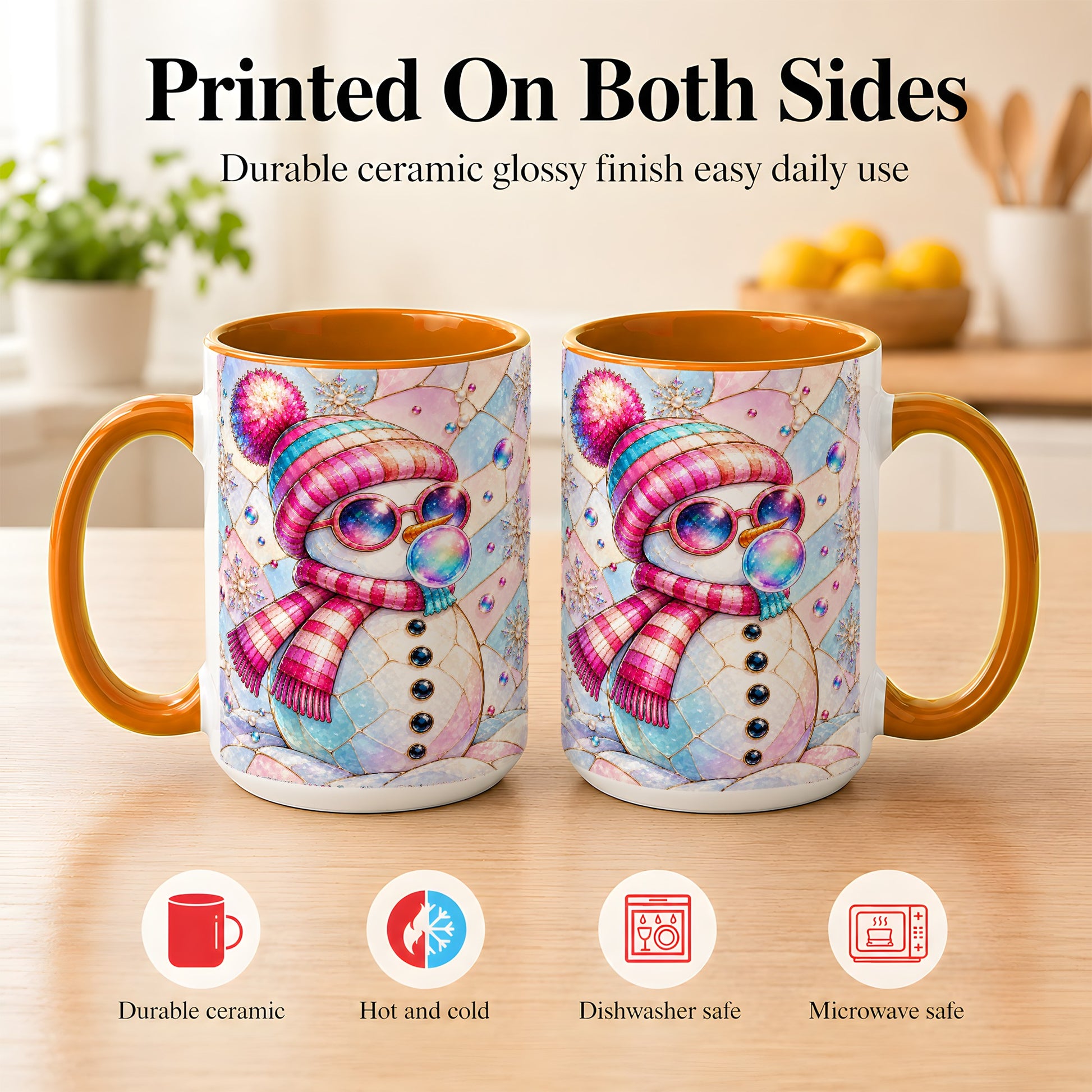 #pl[15oz|Orange] Colorful Snowman Coffee Mug, Pastel Winter Mug, Ceramic Cup