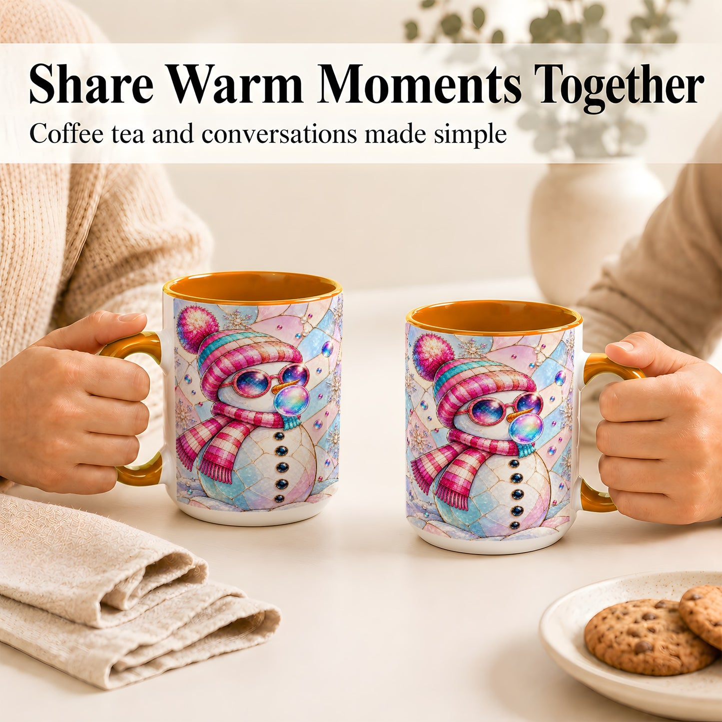 #pl[15oz|Orange] Colorful Snowman Coffee Mug, Pastel Winter Mug, Ceramic Cup