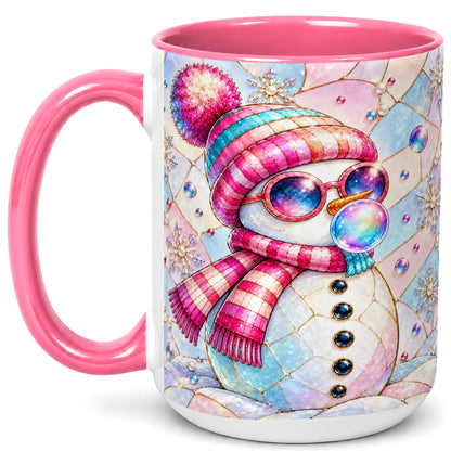 #pl[15oz|Pink] Colorful Snowman Coffee Mug, Pastel Winter Mug, Ceramic Cup
