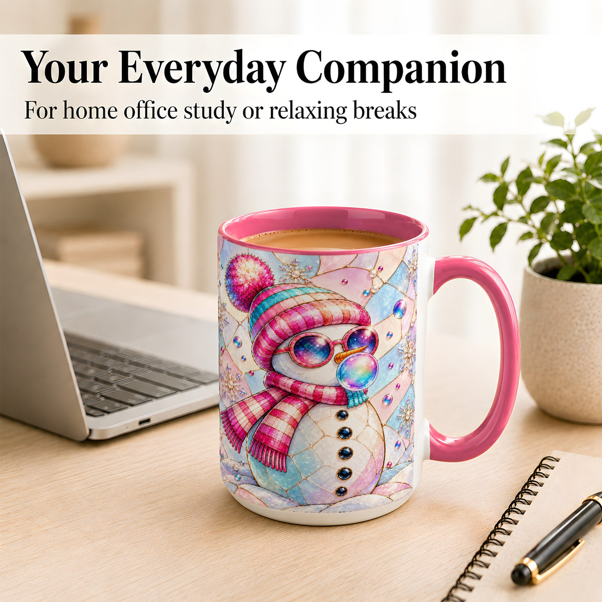 #pl[15oz|Pink] Colorful Snowman Coffee Mug, Pastel Winter Mug, Ceramic Cup