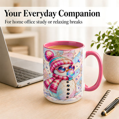 #pl[15oz|Pink] Colorful Snowman Coffee Mug, Pastel Winter Mug, Ceramic Cup