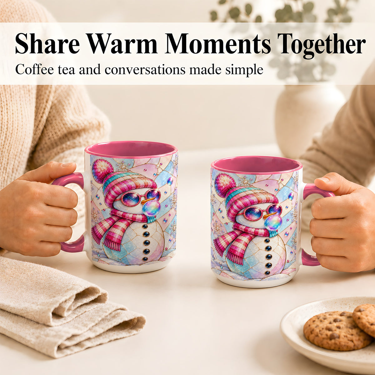 #pl[15oz|Pink] Colorful Snowman Coffee Mug, Pastel Winter Mug, Ceramic Cup