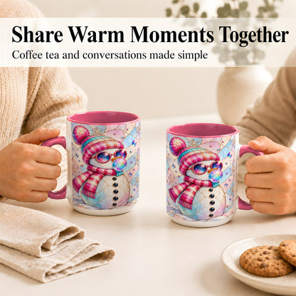 #pl[15oz|Pink] Colorful Snowman Coffee Mug, Pastel Winter Mug, Ceramic Cup