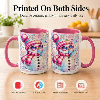 #pl[15oz|Pink] Colorful Snowman Coffee Mug, Pastel Winter Mug, Ceramic Cup