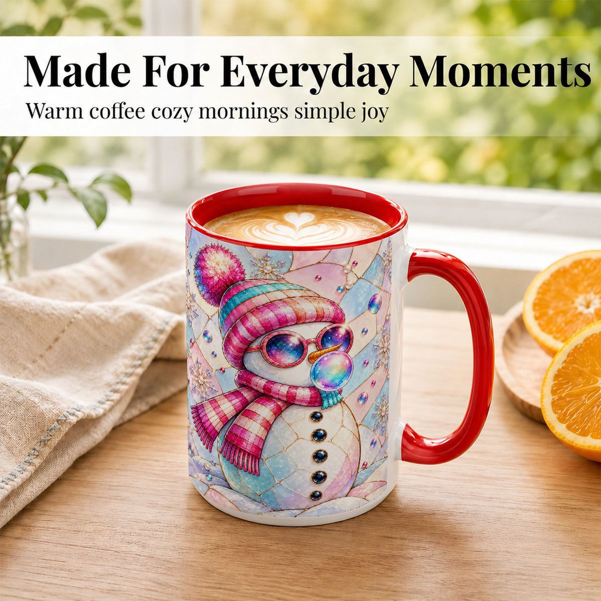 #pl[15oz|Red] Colorful Snowman Coffee Mug, Pastel Winter Mug, Ceramic Cup