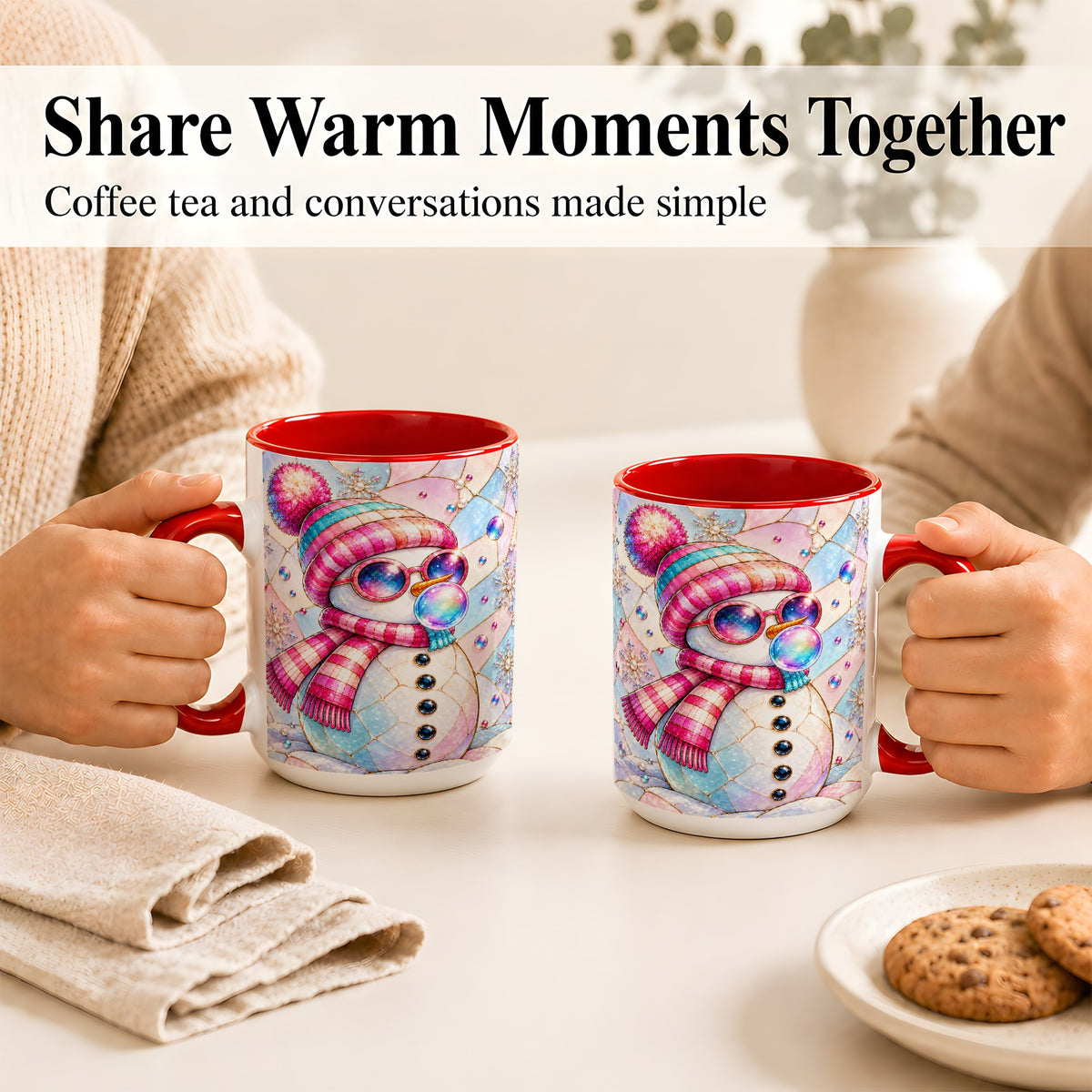 #pl[15oz|Red] Colorful Snowman Coffee Mug, Pastel Winter Mug, Ceramic Cup