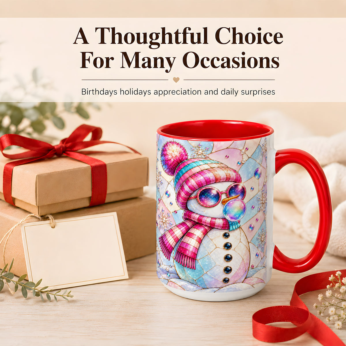 #pl[15oz|Red] Colorful Snowman Coffee Mug, Pastel Winter Mug, Ceramic Cup